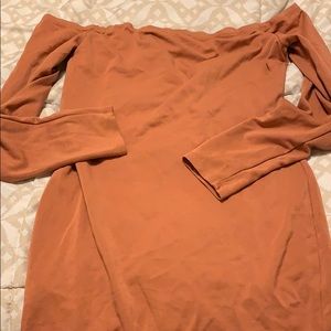 Tan/Orange Bodycon Off the Shoulder dress.